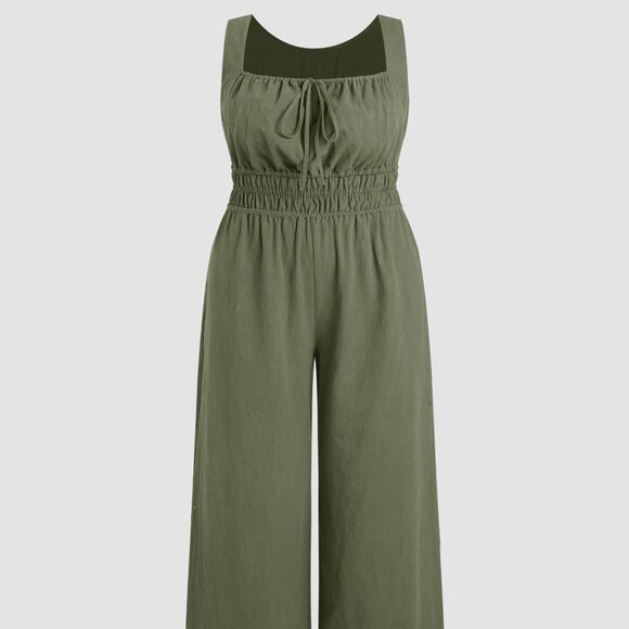 Cider Pants - Square Neck Lace Up Ruched Jumpsuit Curve & Plus 0XL Olive Green